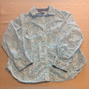 Talbots Blue Coral Print Roll-Tab Sleeve Button-Up Shirt Cotton Size Medium READ